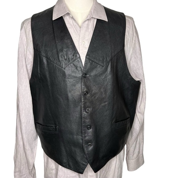 Vintage Irvine Park Men’s Black Leather Button Vest Lined Pockets Biker Size XL - Picture 2 of 14